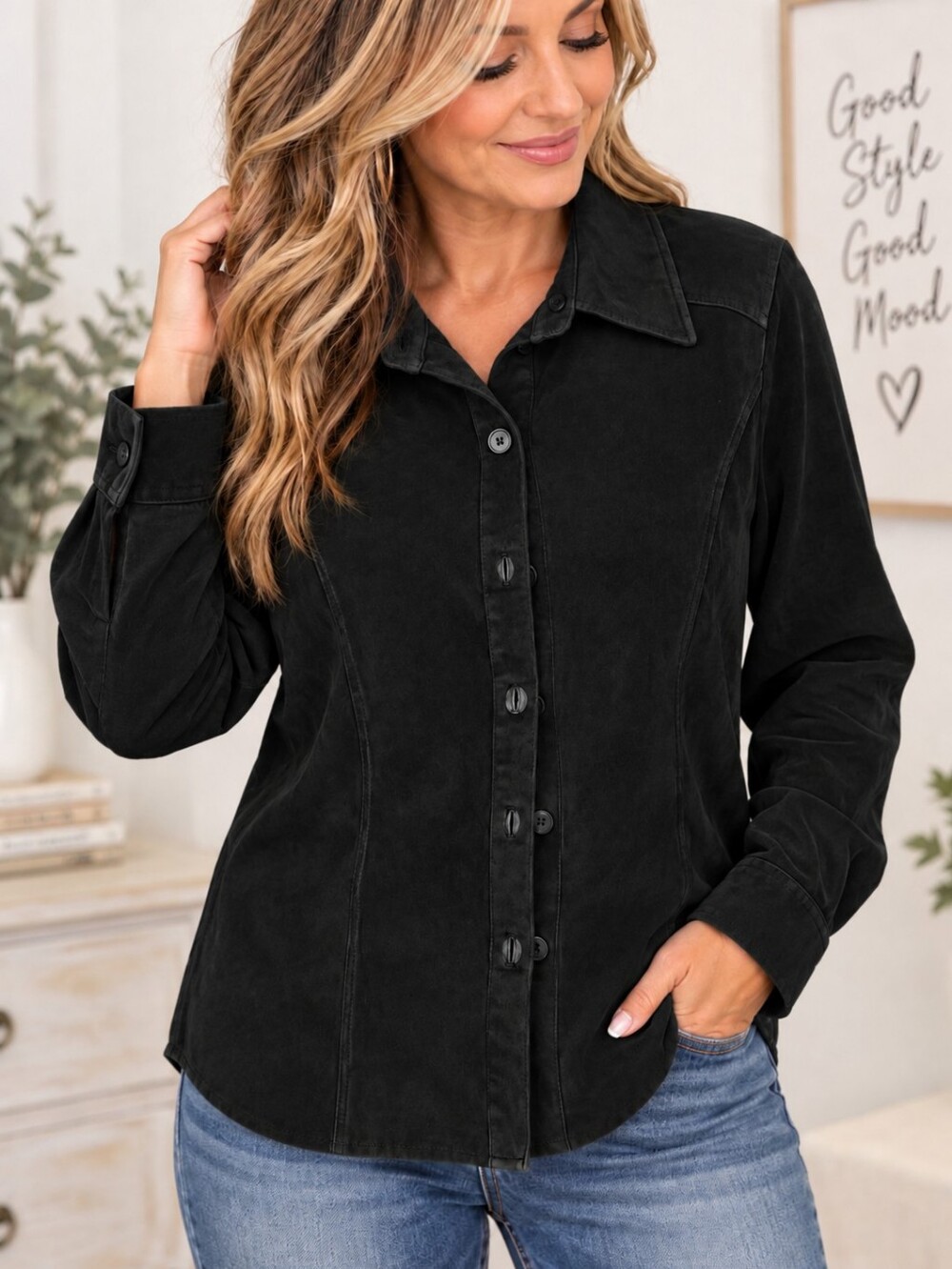 Valerie Stevens Black Leather Suede Look Button Down Jacket MP